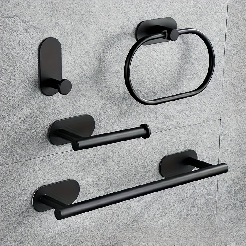 Juego de 4 piezas de accesorios para baño de acero inoxidable, portarrollos de papel higiénico y toallero montados en la pared, resistentes al óxido, sin necesidad de taladrar, fácil instalación, diseño moderno y elegante para baños contemporáneos