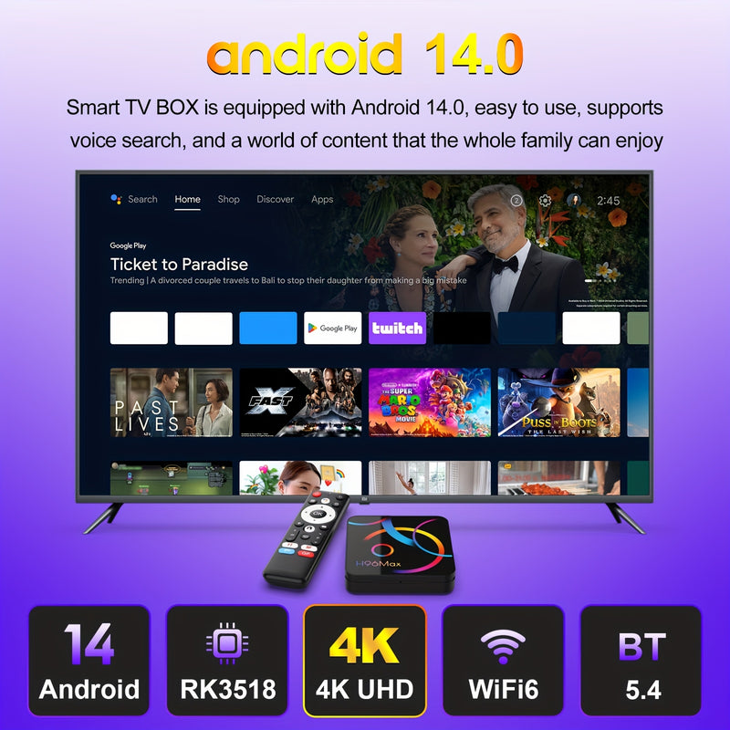 H96 MAX Android 14.0 Smart TV Box RK3518 4K@60fps WiFi 6 y BT 5.4 con voz HDR10, reproductor de medios con Chromecast, navegador, USB y Ethernet, enchufe de 110-220V, control remoto, dispositivo multimedia, dispositivo moderno, alta calidad de pantalla.