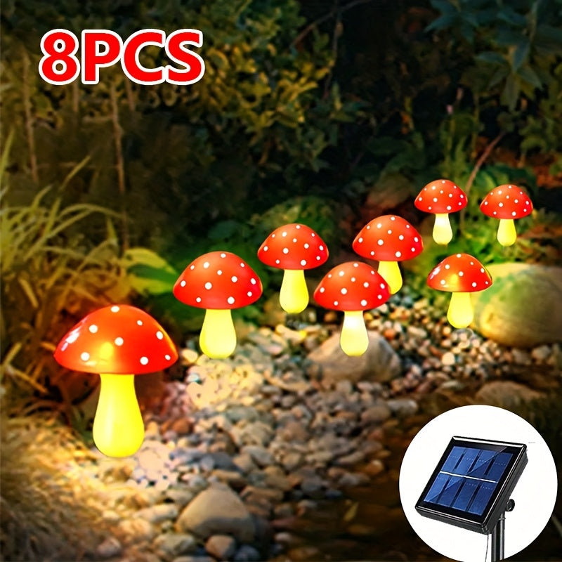 Luces solares para jardín en forma de hongo, 8 modos, LED rojo y amarillo, iluminación para caminos exteriores, decoración para bodas y festividades, energía solar, eficientes y fáciles de instalar, luz solar para exteriores