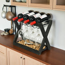 Soporte de vino de hierro con grano de madera negra y soporte de vidrio - Elegante exhibidor de botellas de vino y copas para almacenamiento de vino tinto, organizador de encimera, regalo para amantes del vino, decoración de vino