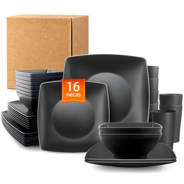Juego de vajilla de plástico de 16 piezas - Diseño clásico cuadrado y ligero, platos para cena y ensalada, tazones para snacks, vasos, ideal para Navidad, Halloween, Pascua y Hanukkah
