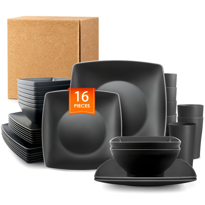 Juego de vajilla de plástico de 16 piezas - Diseño clásico cuadrado y ligero, platos para cena y ensalada, tazones para snacks, vasos, ideal para Navidad, Halloween, Pascua y Hanukkah