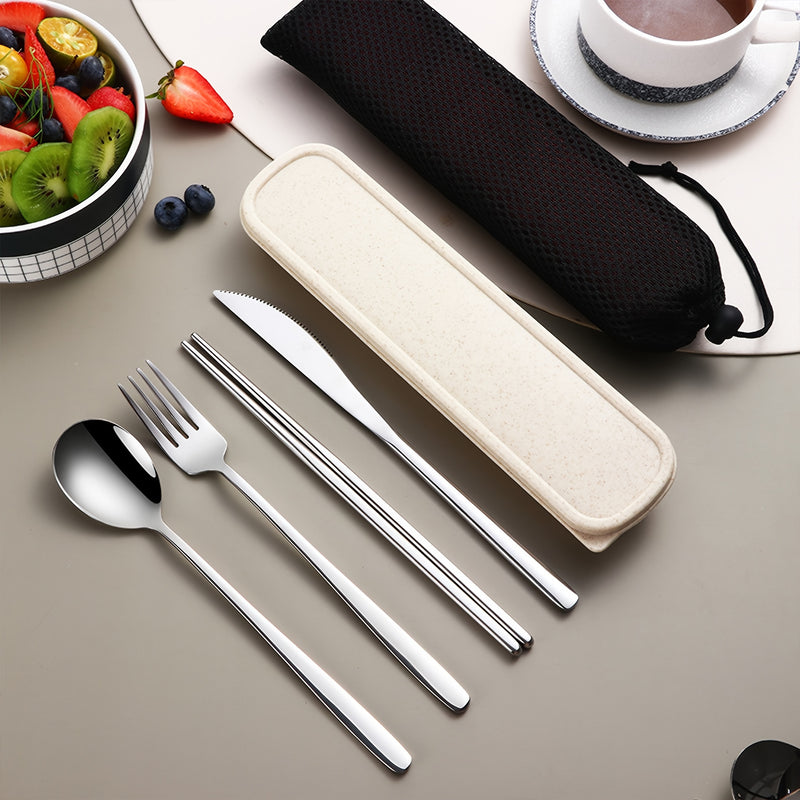Juego de Cubiertos de Acero Inoxidable de 4 Piezas con Mango Redondo Brillante y Engrosado para Cuchillo de Cena, Palillos, Cucharas y Tenedores, Caja de Cubiertos Portátil para Estudiantes, Reuniones al Aire Libre y Picnics