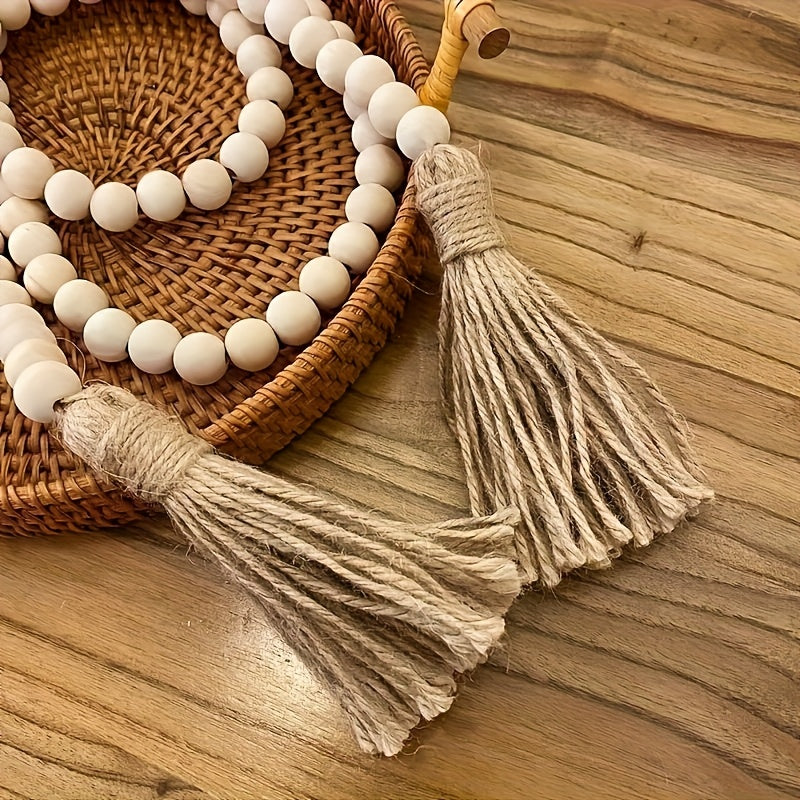 Corona de Estilo Nórdico con Cuentas de Madera y Borlas - Perfecta para el Día de San Valentín, Decoración de Salón y Dormitorio, No Necesita Energía, Flores, Cuerda de Cáñamo, Accesorios para Colgar, Regalos para el Día de la Madre