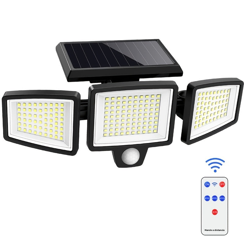 Paquete de 2/1 Lámpara Solar Exterior con Control Remoto, Luz de Seguridad de 210 LED con Sensor de Movimiento y Tres Cabezas, Ángulo Amplio de 270°, Resistente al Óxido, 3 Modos
