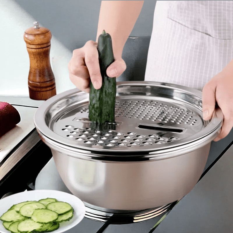 Juego de 3 tazones de acero inoxidable para cocina, tazones multifuncionales seguros para alimentos, con rallador integrado, inserto desmontable para rebanar en capas y sistema de escurrido, para lavar y cortar frutas, verduras y queso