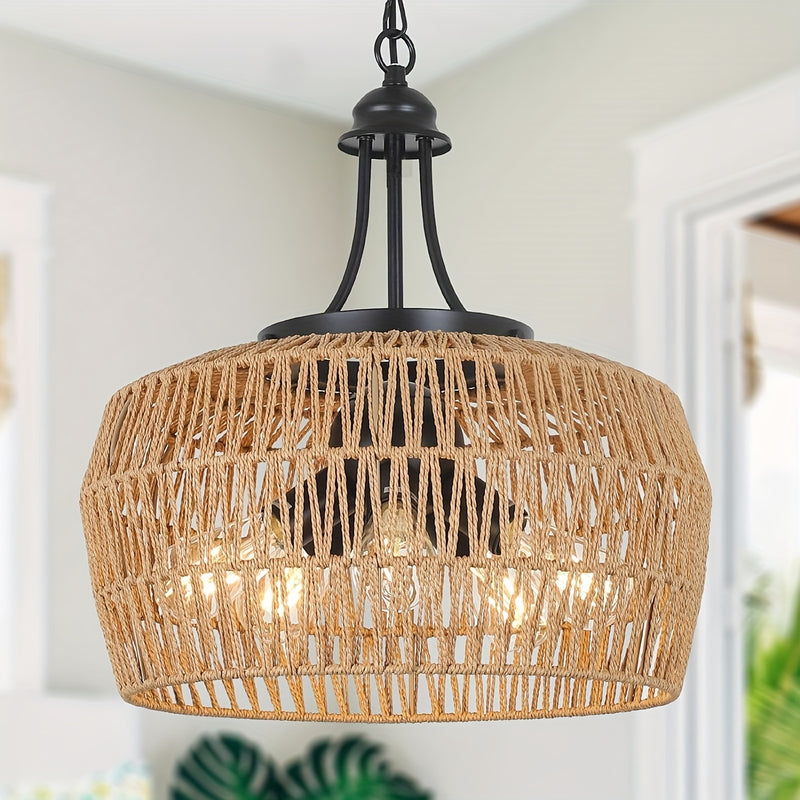 Lámpara de Techo Boho de Granja de 3 Luces con Pantalla de Ratán Tejido – Aplique de Lámpara Costera para Comedor, Cocina, Dormitorio, Pasillo de Isla – Base E26, Acabado Metálico, Lámparas de Techo para Comedor