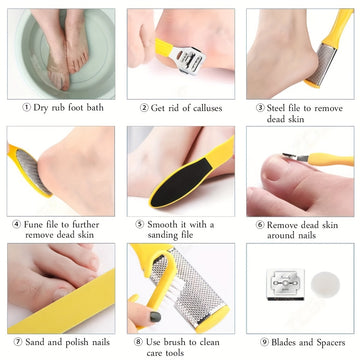Juego Profesional de Pedicura 8 en 1, Kit para Cuidado de Pies con Acero Inoxidable, Eliminador de Callosidades y Espuma Beige
