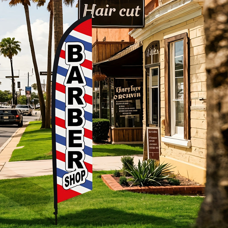 Juego de 1 bandera de barbería de 259.08 cm con asta, diseño vibrante en rojo, blanco y azul, para publicidad exterior y promociones, accesorio para barbería
