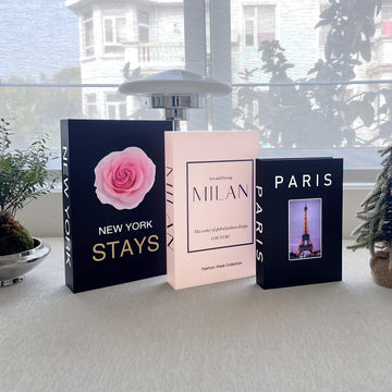 3 libros decorativos de lujo - "Nueva York se queda" con diseño de rosa, "Milán" libro de moda y "París" guía de viajes - Ideal para decoración de hogar, oficina o café, decoración de oficina | Exhibición de libros elegantes | Estilo Art Deco