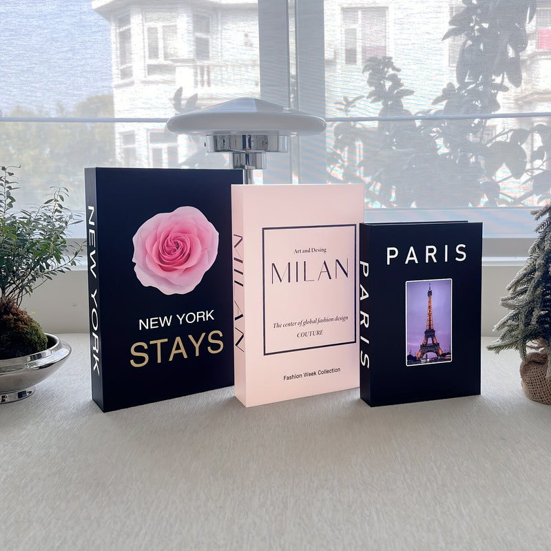 3 libros decorativos de lujo - "Nueva York se queda" con diseño de rosa, "Milán" libro de moda y "París" guía de viajes - Ideal para decoración de hogar, oficina o café, decoración de oficina | Exhibición de libros elegantes | Estilo Art Deco