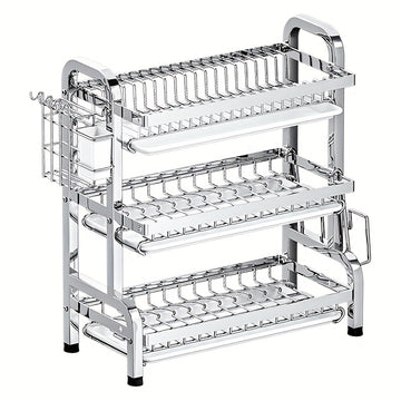 Estante de platos de cocina de acero inoxidable con bandeja de drenaje - Organizador multifuncional para encimeras para platos, tazas y utensilios - Solución de almacenamiento de cocina para el hogar que ahorra espacio
