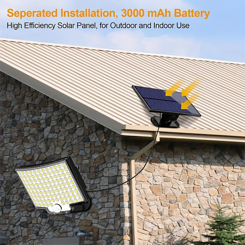 Lámpara solar para exteriores con 106 LED, control remoto, 3 modos de iluminación y sensor de movimiento, para jardín, patio, estadio, parque, hotel, cochera, traspatio, terraza y caminos - Material ABS, sin pilas, luces LED, faroles