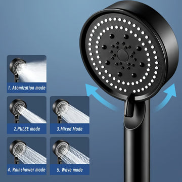 Cabeza de ducha de alta presión CelestiaFlow Luxury 5 funciones - Atomización premium, pulsos, lluvia y modos de ola, elegante cabeza de ducha de spa montada en la pared negra para una experiencia de baño en casa inigualable, patrones de pulverización ve