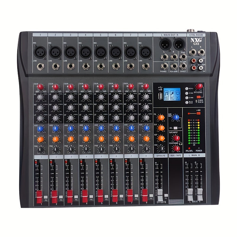 Consola de mezcla audio profesional de 6/8 canales con alimentación fantasma de 48V, USB y interfaces XLR/RCA, ideal para actuaciones en vivo, grabación de streaming y escenarios musicales