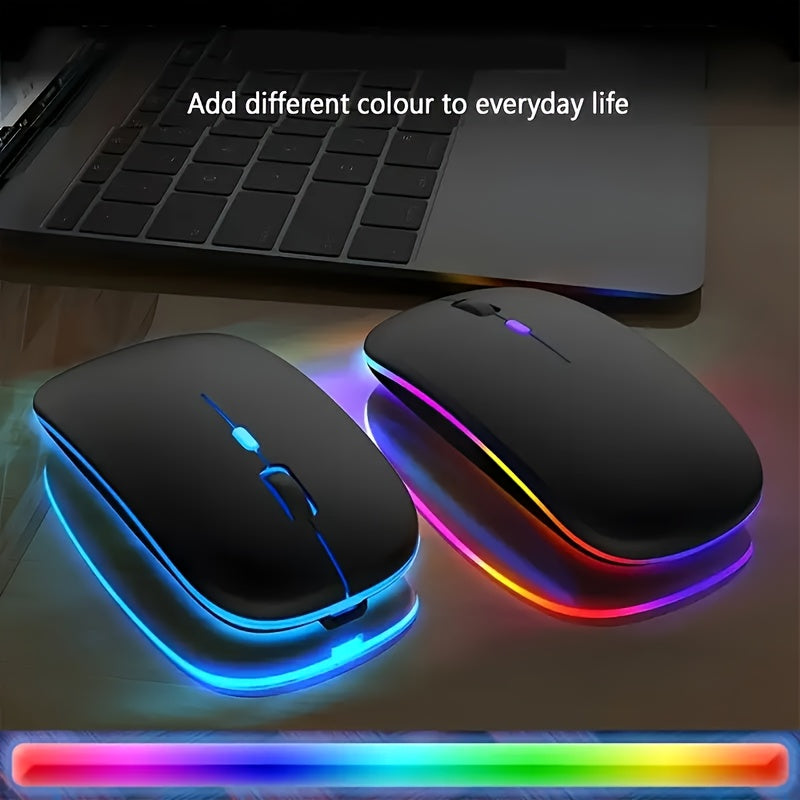 Ratón inalámbrico portátil silencioso para oficina, compatible con teléfono, tableta, laptop y computadora, recargable, modo dual 2.4G, diseño ergonómico, ultra delgado con luz RGB, interfaz de carga tipo C, 4 botones, compatible con múltiples sistemas