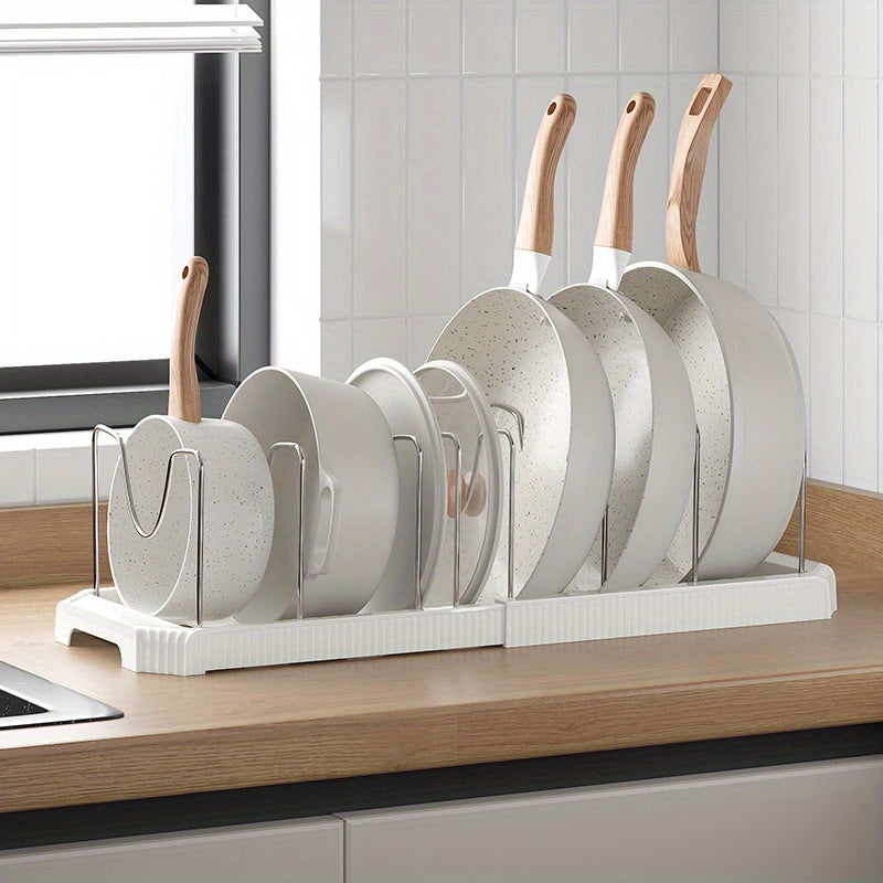 Soporte de Ollas Retráctil de Acero Inoxidable con 6 Compartimentos Ajustables - Estante Flexible para Cocina para Ollas, Tapas y Utensilios - Ideal para Cocinas Caseras, Cafeterías, Restaurantes y Bares