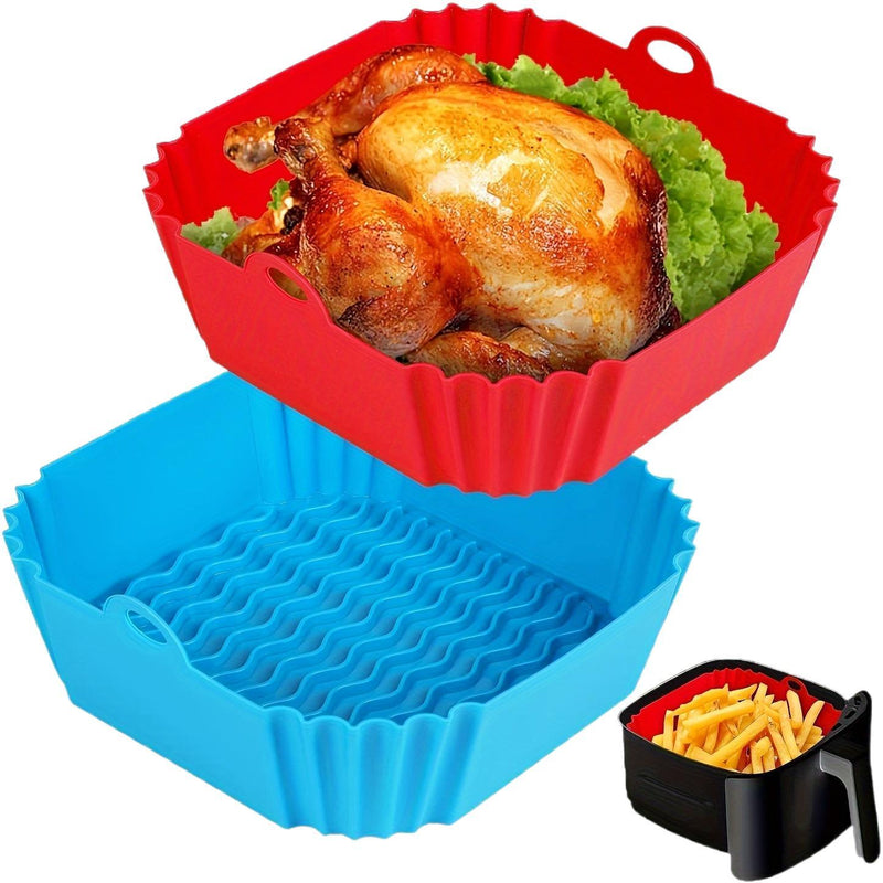 Forro de silicona cuadrado para freidora de aire, 8 pulgadas, accesorio reutilizable antiadherente para freidora de aire, compatible con horno y microondas de 4-7 QT, seguro para alimentos, no necesita electricidad, rojo/azul