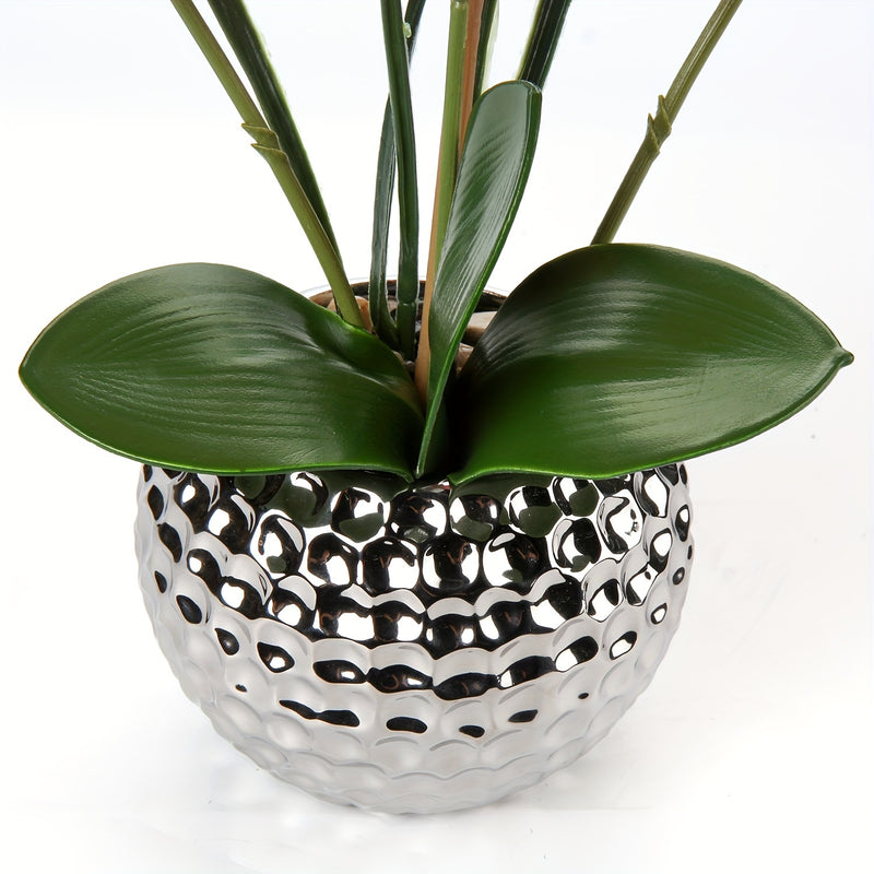 1pc Planta De Flor Artificial Orquídea, Falsa Orquídea Con Maceta Plateada En Forma De Bola Redonda, Planta Falsa Para Decoración De Mesa De Baño, Sala De Estar, Oficina, Cocina, Decoración De Mesa De Hogar De Primavera Y Año Nuevo