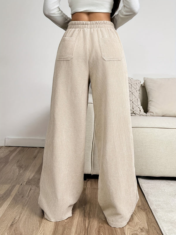 Botas Anchas de Pana Beis para Mujer - Pantalones Casuales con Cintura Elástica, 100% Poliéster Lavables en Máquina para Otoño/Invierno, Color Sólido Sin Estirar y Cómodos