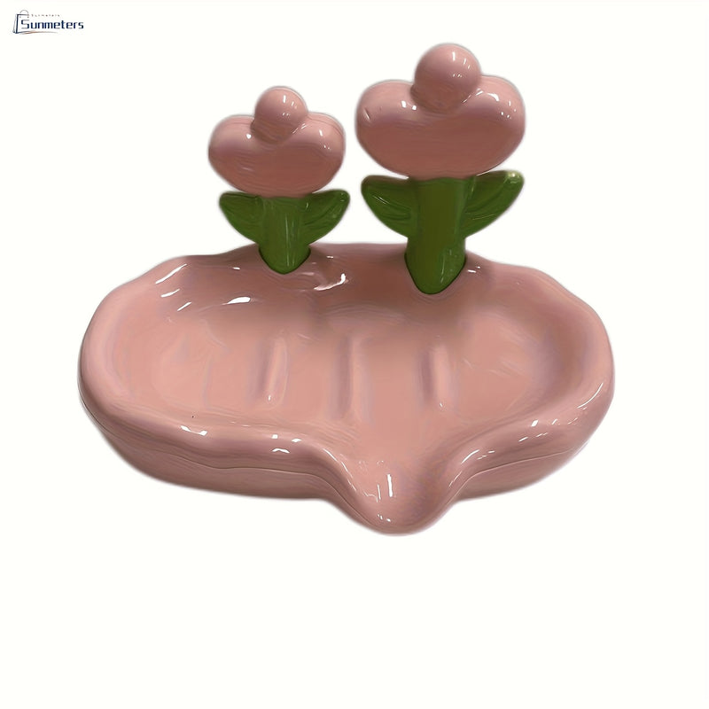 Porta jabón ovalado de plástico con diseño floral, soporte autoescorriente para todas las estaciones, accesorio lindo para baño y cocina