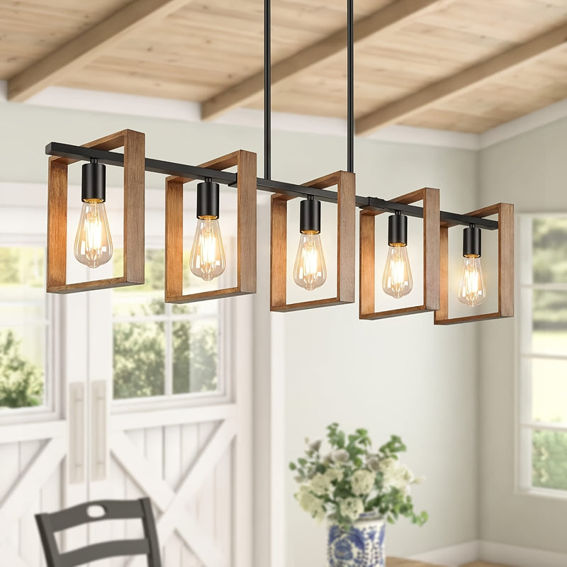 Lámpara de cocina rústica de 105.41 cm - Candil de comedor ajustable con 5 luces, acabado en madera rústica y metal negro mate, montaje semiempotrado con base E26 (focos no incluidos) para cocina, mesa de billar, comedor, iluminación de cocina | Encanto