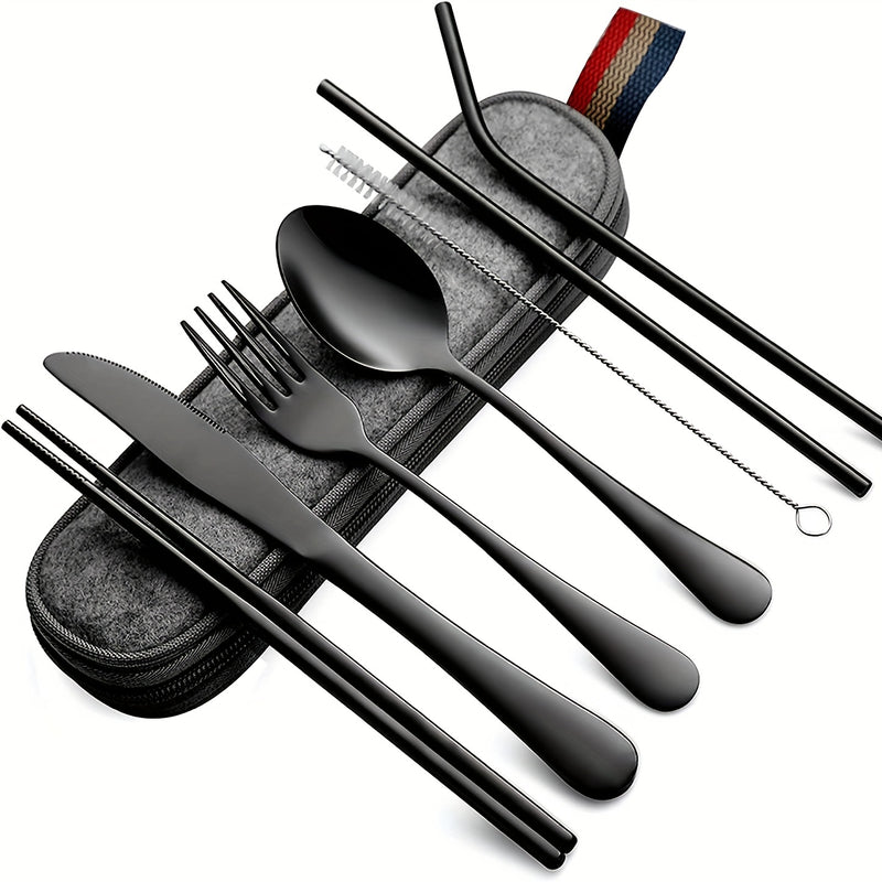 Utensilios Portátiles, Juego de Cubiertos para Viaje y Camping, 8 piezas incluyendo Cuchillo, Tenedor, Cuchara, Palillos, Cepillo de Limpieza, Pajitas, Estuche Portátil, Juego de Cubiertos de Acero Inoxidable