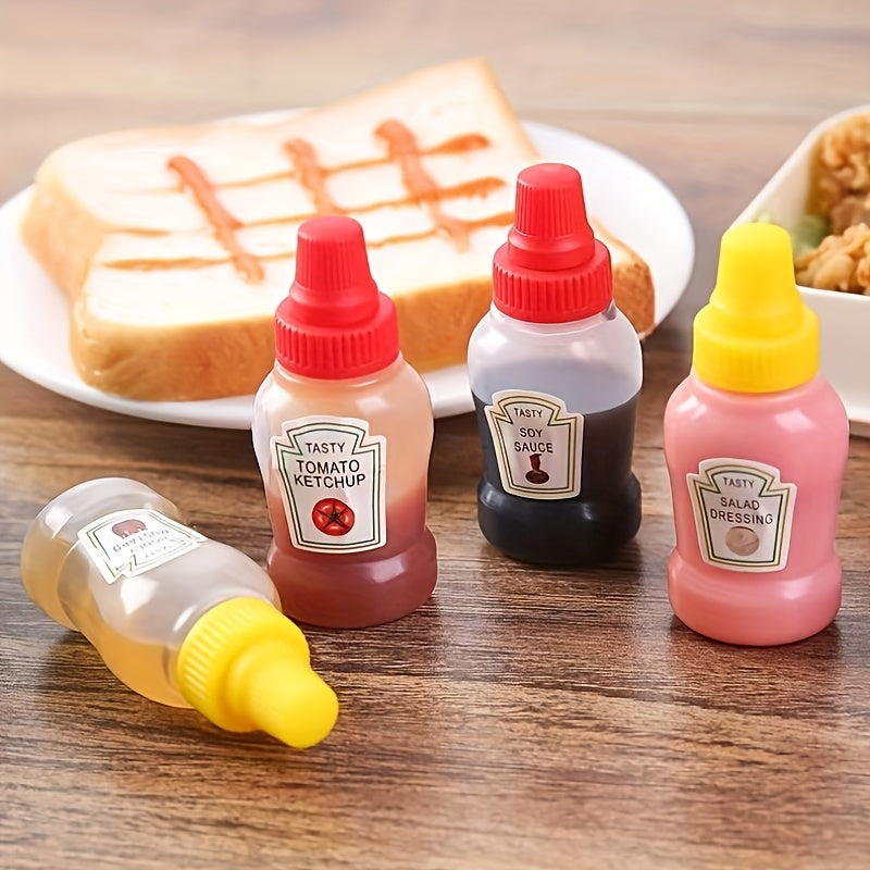 Juego de 4 Botellas Compactas para Condimentos - A prueba de Fugas, Recipientes de Plástico Reutilizables para Ketchup, Mostaza, Mayonesa y Aderezo para Ensaladas, 21g - Ideales para Loncheras, Picnics y Comidas al Día, Botellas de Ketchup y Mostaza