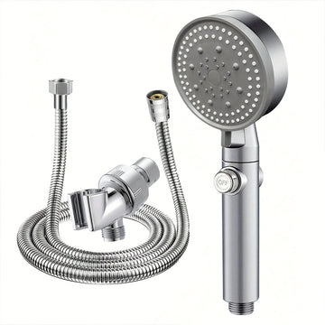 Juego de regadera de alta presión en color gris metalizado con 5 modos de rociado ajustables, manguera de acero inoxidable y soporte - Fácil instalación en pared, sin necesidad de electricidad para una experiencia de baño lujosa en el hogar