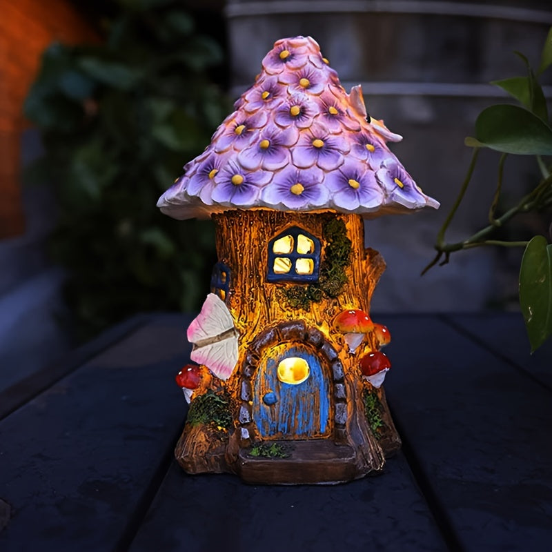 1pc ZYLIWOO Casa de hada de resina solar, luz de jardín eficiente en energía, decorativa figurita de LED de paisaje con patrón de flor, acabado de encaústica, césped exterior, patio, decoración de Halloween para patio trasero