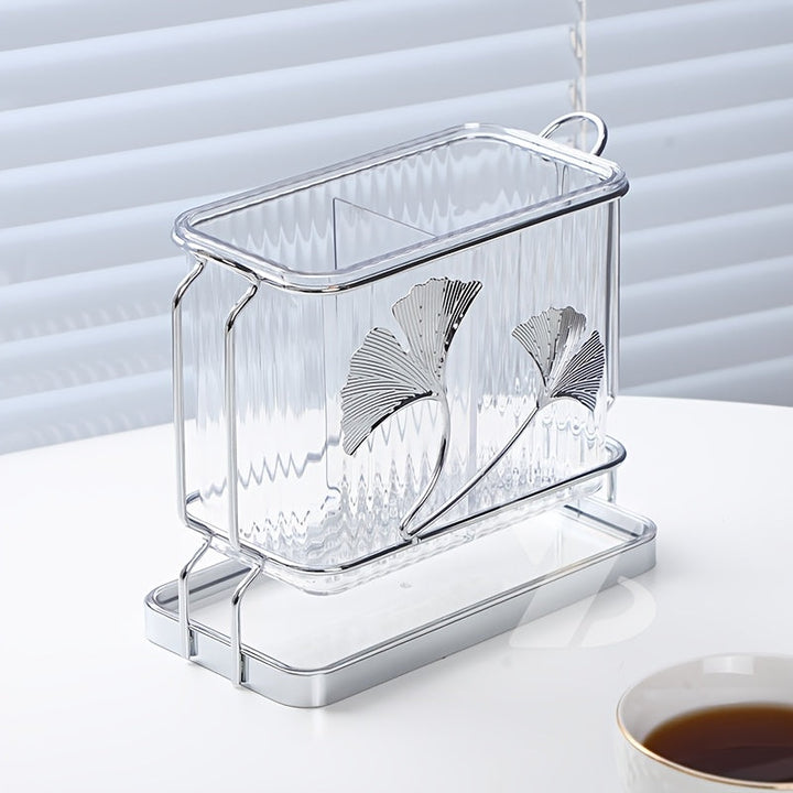 Soporte creativo para utensilios de cocina rectangular con bandeja de drenaje y diseño de hoja de ginkgo, organizador de cubiertos de doble compartimento, estante de soporte, material plástico