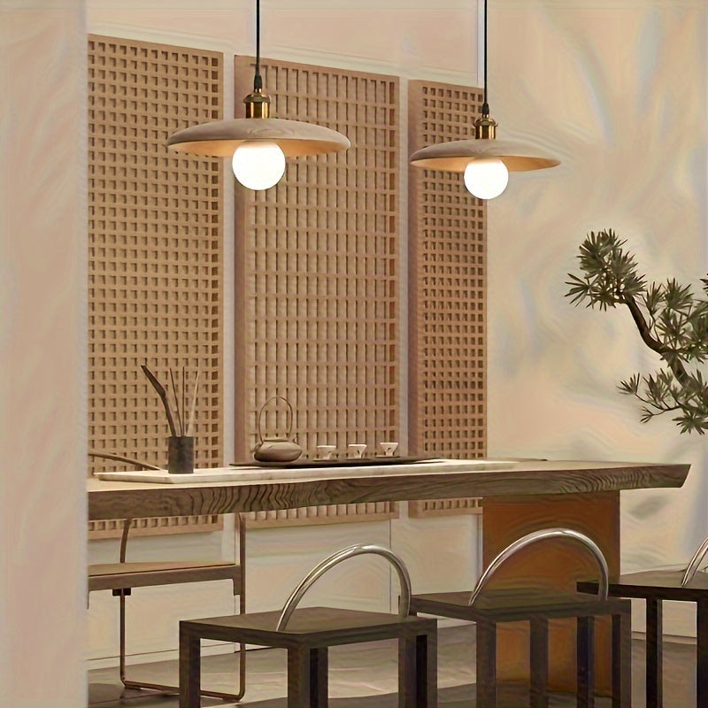 Lámpara colgante de madera sólida estilo nórdico moderno - Montaje semienterrado con base de metal negro, control de interruptor regulable, sombra de madera para comedor, dormitorio, bar de café, pasillo y sala de estar (bombilla no incluida)