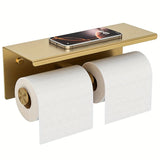 Soporte de papel higiénico de acero inoxidable con estante, diseño de doble cabeza, acabado cepillado, ahorro de espacio para baño, dorado, accesorio de inodoro.