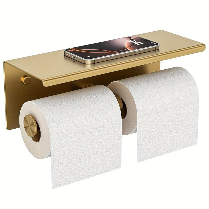 Soporte de papel higiénico de acero inoxidable con estante, diseño de doble cabeza, acabado cepillado, ahorro de espacio para baño, dorado, accesorio de inodoro.