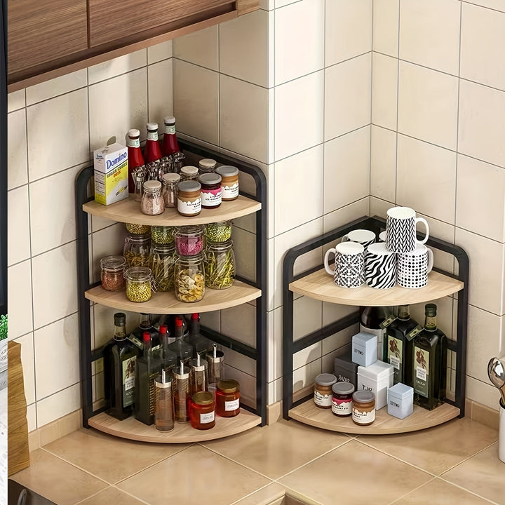 Organizador de Especias de Cocina de 2 Niveles en Acero Inoxidable y Madera Sólida - Estantería Abierta Independiente para Encimera, Rincón o Despensa - Diseño Clásico, Sin Montaje Necesario, Unidad de Almacenamiento para Cocina, Estante de Esquina, Cons