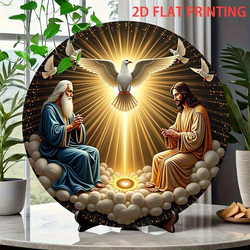 Letrero de Pared Artificial Redondo de Madera 2D, 8 Pulgadas - Sagrada Trinidad con Paloma y Ángeles, Diseño Religioso Estilo Clásico Americano, Decoración para Interior/Exterior, Fácil Colgado en Puerta, Arte Espiritual Duradero para Hogar, Oficina o Bar