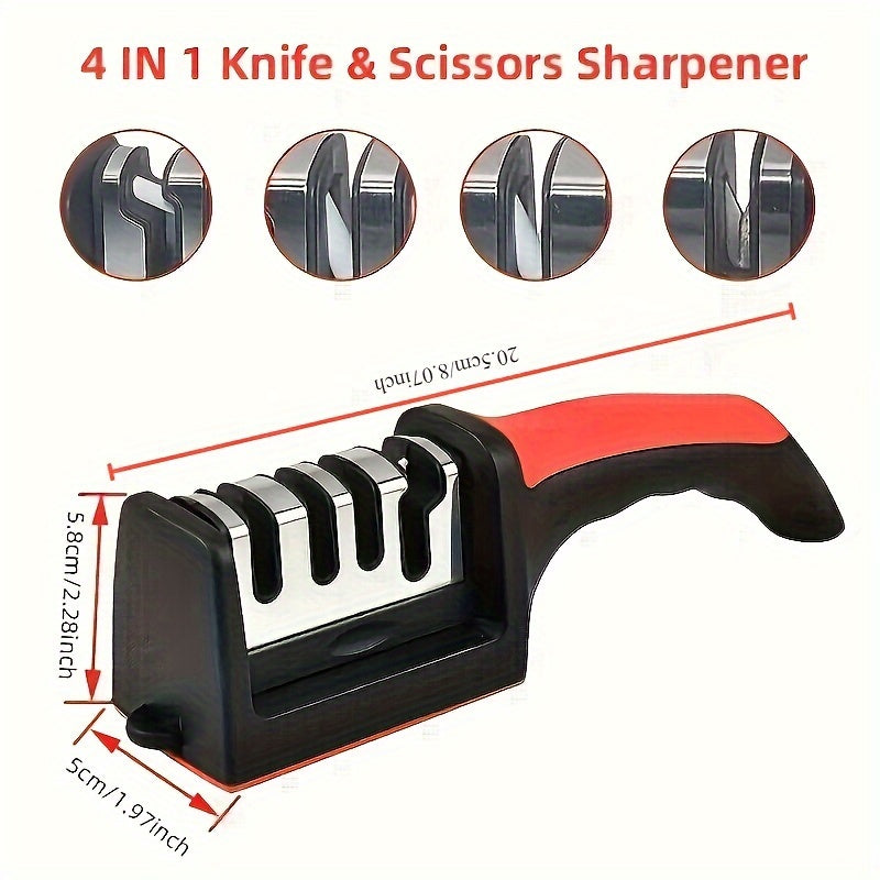 Afilar cuchillos multifuncionales de 4 etapas - Piedra de afilar de cerámica y acero de tungsteno duradero, herramienta de cocina portátil rápida para afilar todas las hojas, mango ergonómico de goma roja, afilado y pulido eficientes, afilador de cuchill