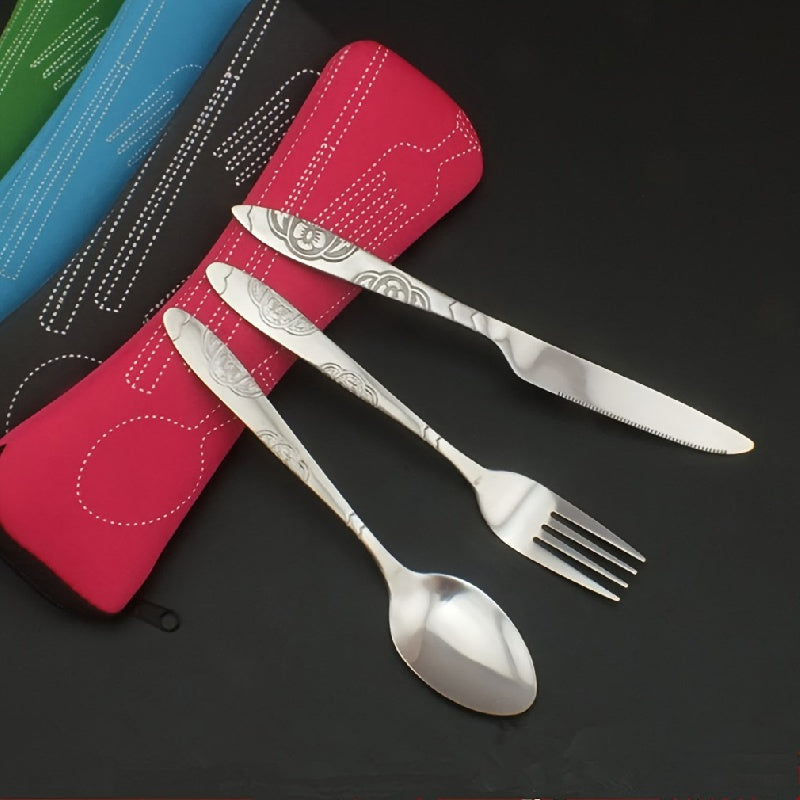 Juego de cubiertos premium de acero inoxidable, 5 piezas - cuchillo, tenedor y cuchara livianos, duraderos y antióxido, con estuche elegante - ideal para camping, viajes, picnics, trabajo y senderismo