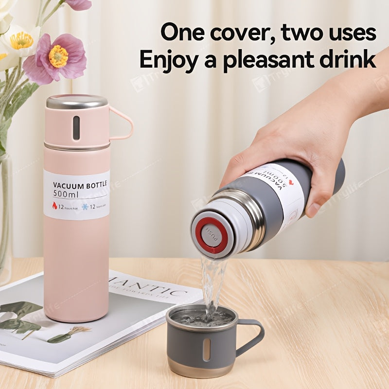 Juego de termos de acero inoxidable, taza térmica aislante de 500 ml/16.9 oz, mantiene bebidas frías o calientes, con taza adicional, para negocios, escuela u oficina