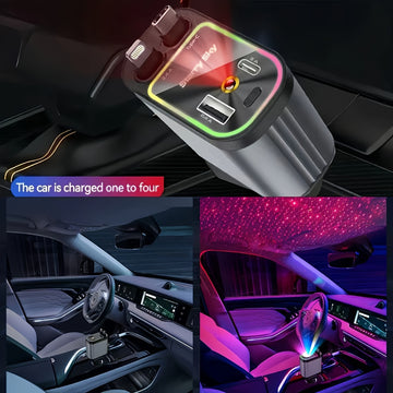 Cargador de auto extensible SAN.COMO con 4 en 1, luz ambiental de techo de 66W, cable retráctil de 80.01 cm, 2 puertos USB, carga rápida USB-C, ajuste de dirección libre de 180°, diseño antienredos, compatible con múltiples modelos de teléfonos, universa