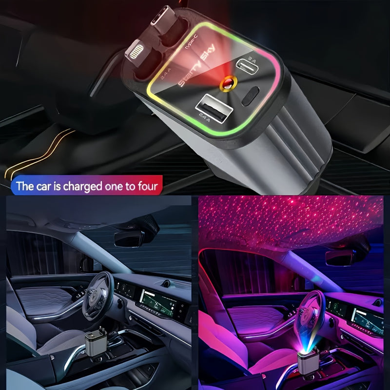 Cargador de auto extensible SAN.COMO con 4 en 1, luz ambiental de techo de 66W, cable retráctil de 80.01 cm, 2 puertos USB, carga rápida USB-C, ajuste de dirección libre de 180°, diseño antienredos, compatible con múltiples modelos de teléfonos, universa