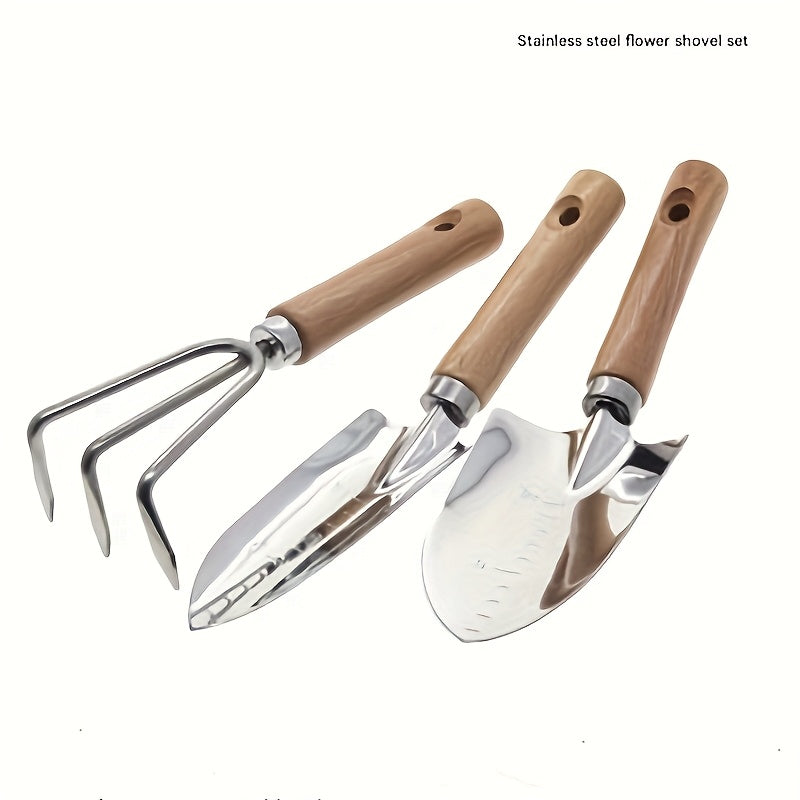 Juego de Pala de Acero Inoxidable con Mango de Madera - 3 Piezas: Palas para Bonsái y Herramienta de Jardinería, Utensilios Agrícolas para Uso Doméstico