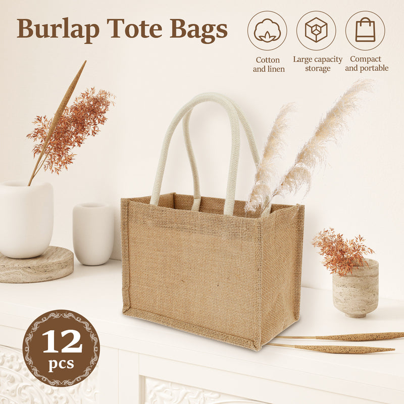 12 bolsas de yute mini, bolsas de playa de yute con asas, bolsas de compras reutilizables, bolsas de regalo de yute, bolsas multiusos para viajes, playa, escuela y actividades al aire libre