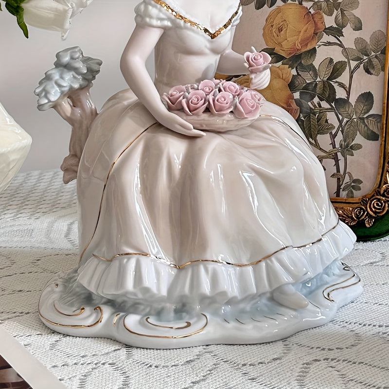 Elegante Figurita de Cerámica Hecha a Mano que Sostiene Rosas - Estilo Europeo Vintage, Ideal para Decoración del Hogar, Bodas y Regalos, Perfecta para el Día de la Madre, San Valentín y Cumpleaños, Decoraciones de Bodas