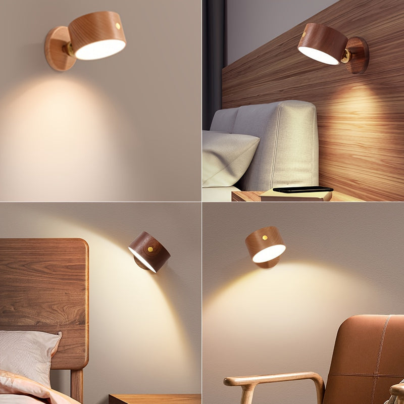 2 piezas de luces de pared LED con control táctil, regulación sin pasos, luces de lectura giratorias de 360°, batería de litio recargable, diseño moderno de madera con cable de carga USB, brillo ajustable, iluminación de cabecera | Lámpara de pared moder