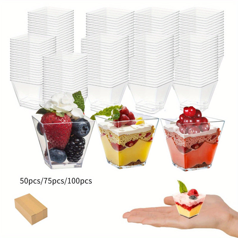 50/75/100 vasos cuadrados mini de plástico transparente, 60ml/2oz, reutilizables para postres, gelatina, helado y fiestas, material PS resistente, diseño apilable para fácil almacenamiento, suministros para servicio de alimentos | Vasos apilables | Vasos