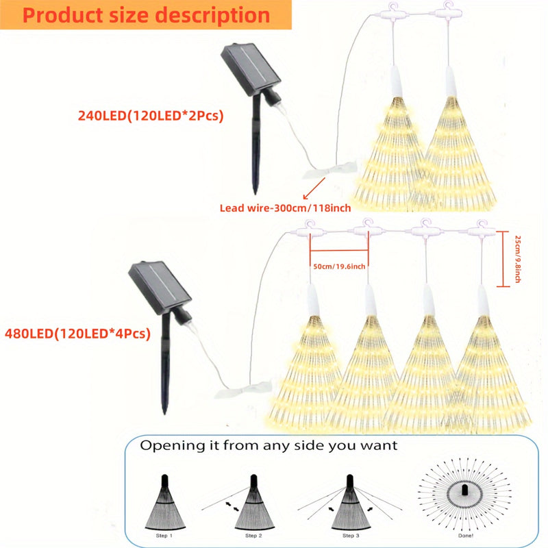 2 piezas/4 piezas, luces solares colgantes para jardín con efecto de fuegos artificiales, esferas luminosas estrelladas con 240/480 LED, 8 modos, luces de hadas con alambre de cobre para patio, sombrilla, alero, árbol, carpa, decoración de Año Nuevo y Na
