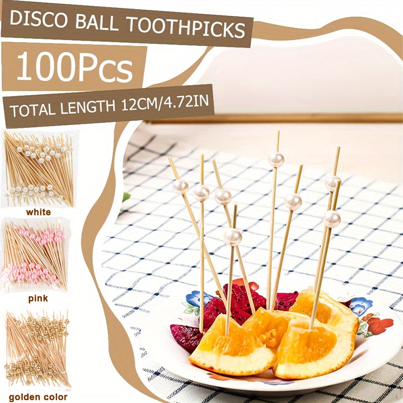 100 piezas de palillos de dientes de bambú para fiestas de bodas, palillos para verduras y frutas con perlas, aperitivos y frutas con perlas doradas/rosas/blancas, palillos para alimentos y bebidas de Navidad, Año Nuevo, palillos para pasteles, postres,