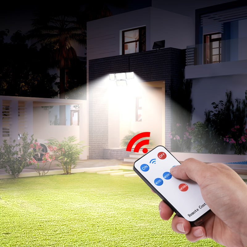 Luz Solar con Sensor de Movimiento y Control Remoto - 288 LED, Farola de Seguridad de 4 Cabezas, Ángulo Amplio de 300°, 3 Modos para Jardín, Patio, Camino, Garaje y Calle - Incluye Cable de 5.03 metros, Luces Solares de Movimiento para Exteriores