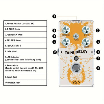 Pedal de Retardo VSN para Guitarra Eléctrica, Pedal Analógico con Efecto Eco y Combinación de Retardo y Bajo, Ajuste de Rango Amplio de Retardo, Cinta Blanca con Efecto Reverb Boost y True Bypass